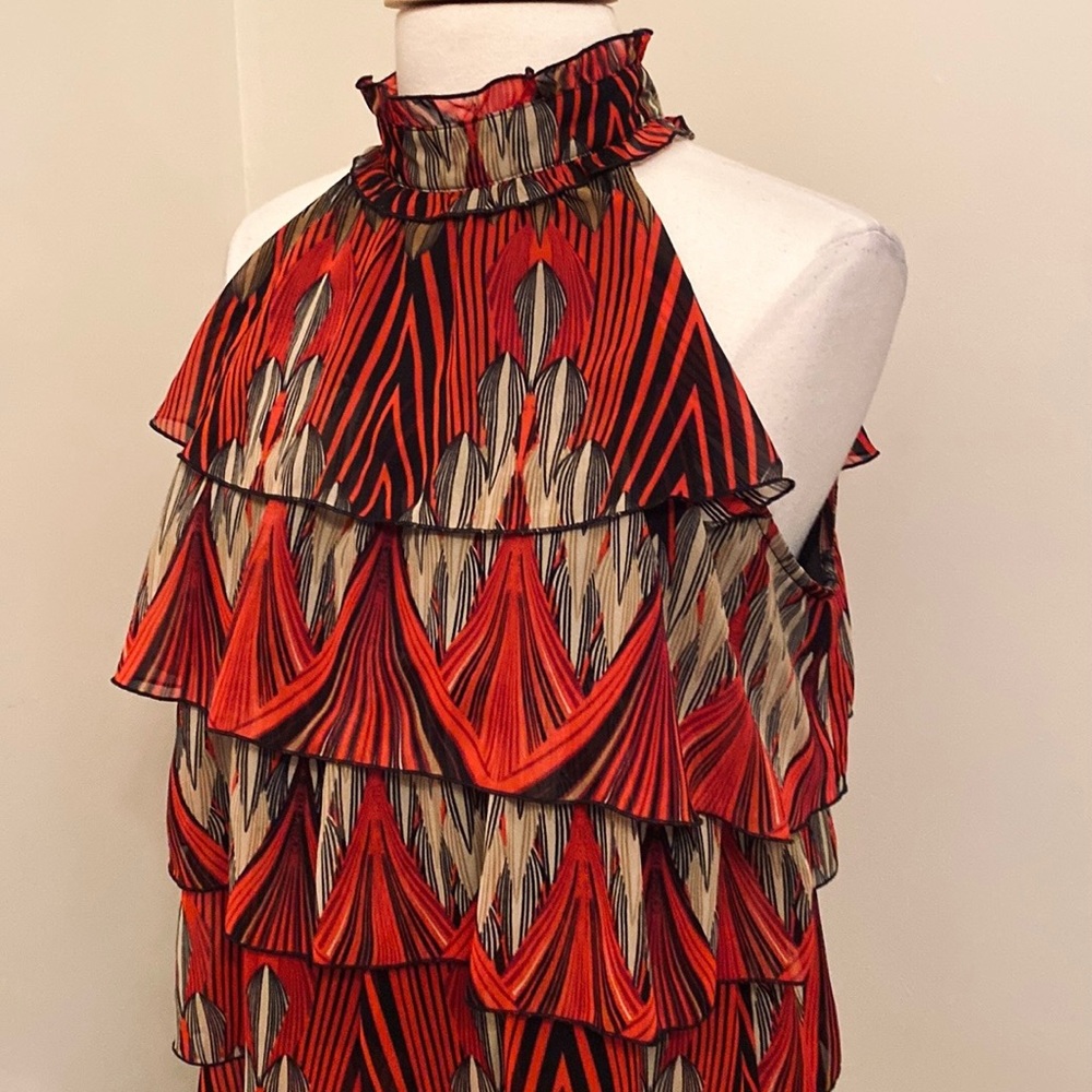 Adiva Black Red Tan Geometric SZ L High Neck Boho Chic Earthy Modern Halter Top - Picture 5 of 11